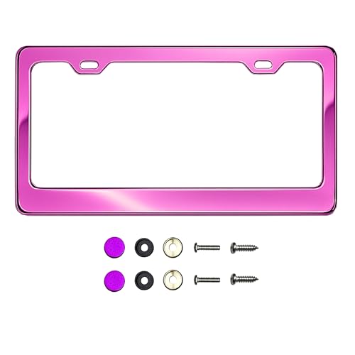 T304 Stainless Steel License Plate Frame – 8K Mirror Polish Finish, Rust-Resistant, Slim Design, Universal Fit, Includes Screw Caps, Washers & Stainless Steel Screws (Purple Pink) - color: Purple Pink