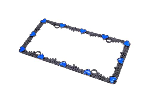 Creathome 3D Daisy Heart License Plate Frame from Pure Zinc Alloy Metal Perfect Plate Holder, Matt Black Daisy with Blue Reflective Heart - color: Matt Black with Blue Reflective Heart