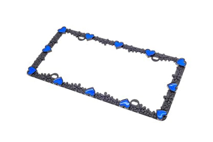 Creathome 3D Daisy Heart License Plate Frame from Pure Zinc Alloy Metal Perfect Plate Holder, Matt Black Daisy with Blue Reflective Heart - color: Matt Black with Blue Reflective Heart