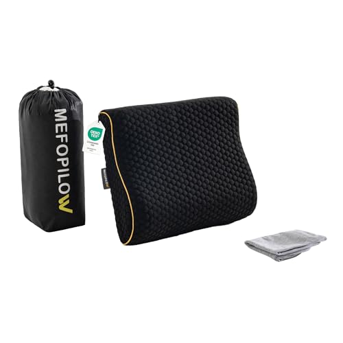 Memory Foam Travel Pillow with Washable Cover & Carry Bag – Compact, Soft & Breathable Neck Pillow for Airplane, Camping & Car (Black- with Extra Gray Cotton Cover, 13.8x11.8x3.9/3.1 inches) - color: Black- With Extra Gray Cotton Cover, size: 13.8x11.8x3.