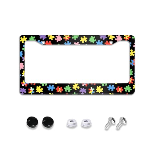 Autism Awareness Puzzle Colorful Ribbon Car Accessories License Plate Frame, License Plate Holder Cover Car Tag Frame Decoration Accessory Aluminum with 2 Holes and Screws for Women Men Ladies 12x6'' - color: Blue Autism