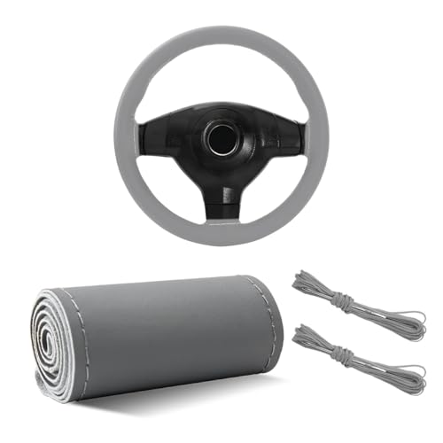 Yourkar Leather Steering Wheel Cover, 15"×15" Breathable Steering Wheel Cover DIY Kit with Needle Thread, Non-Slip Leather Stitch on Wrap Steering Wheel Protector, Car Accessories (Gray) - color: Gray, size: Glossy Finish