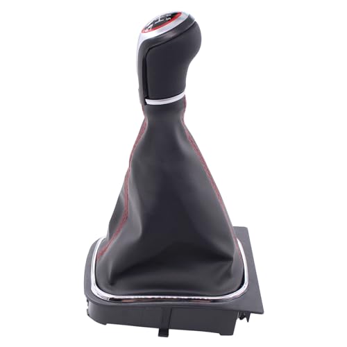 MOTOKU Black Leather with Red Stitching Gear Shifter Knob Boot Cover with 6 Speed Manual Shift Knob and Bracket Base Assembly for Volkswagen Jetta 2006-2014 GTI 2006-2013 Golf 2004-2013
