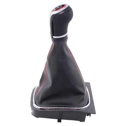 MOTOKU Black Leather with Red Stitching Gear Shifter Knob Boot Cover with 6 Speed Manual Shift Knob and Bracket Base Assembly for Volkswagen Jetta 2006-2014 GTI 2006-2013 Golf 2004-2013