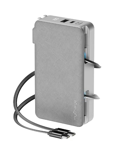 myCharge RetractaCharger 10000mAh Portable Charger Power Bank with 28-Inch Retractable 2 USB-C Cable | Built-in Wall Plug | 30W PD Fast Charging | USB-C & A Ports | Digital Display | Grey - size: 2 USB-C Cables