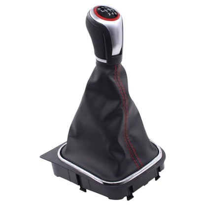 MOTOKU Black Leather with Red Stitching Gear Shifter Knob Boot Cover with 6 Speed Manual Shift Knob and Bracket Base Assembly for Volkswagen Jetta 2006-2014 GTI 2006-2013 Golf 2004-2013