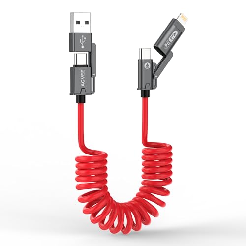 AGVEE 1.5ft 4-in-1 Coiled Multi USB C Charging Cable, Secure-Slide No-Loss Adapters, Slim Tips Fit Thick Cases, Lightning End Reinforced, PD 60W for iPhone Carplay, Samsung, iPad, Red - color: Red, size: 1.5ft, style: 4 in 1