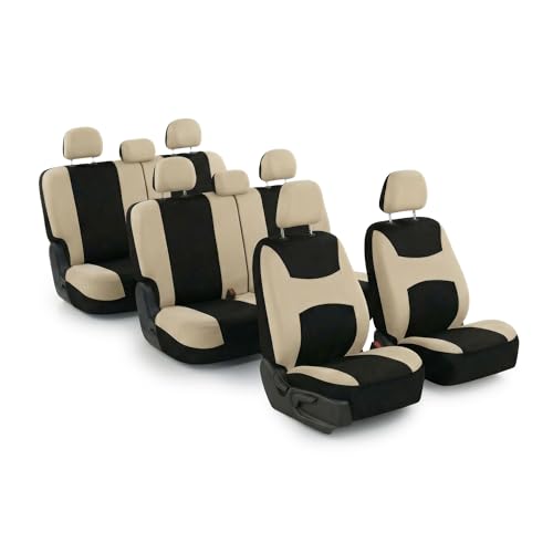 FH Group Automotive Seat Covers Light & Breezy Flat Cloth Seat Cover Three Row Set Beige, Airbag and Split Rear Car Seat Cover Universal Fit Interior Accessories Cars Trucks SUV Car Accessories - color: Beige, size: 8-Seater Set