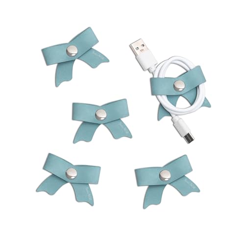 SenseAGE 5 Pack Cord Organizer, Bow Cord Keeper, Cable Organizer USB holder, Leather Cable Management, Cable Straps, Earphone winder, Storage Straps for Electronics, Earbuds (Baby Blue, Small) - color: Baby Blue, size: Small