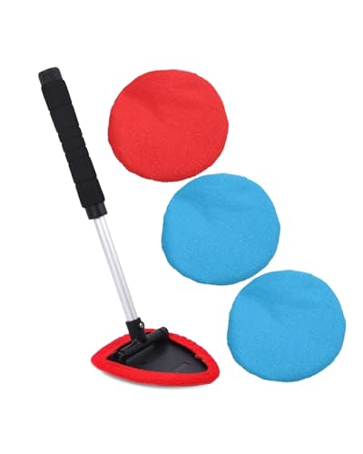Windshield Cleaner Tool, Car Inside Windshield Cleaner Tool，Inside Car Window Cleaning Tool Kit, Window Glass Wiper Kit Comes with 4 Washable & Reusable Microfiber Pads, 2 Wet and 2 Dry Use - color: Red+Blue