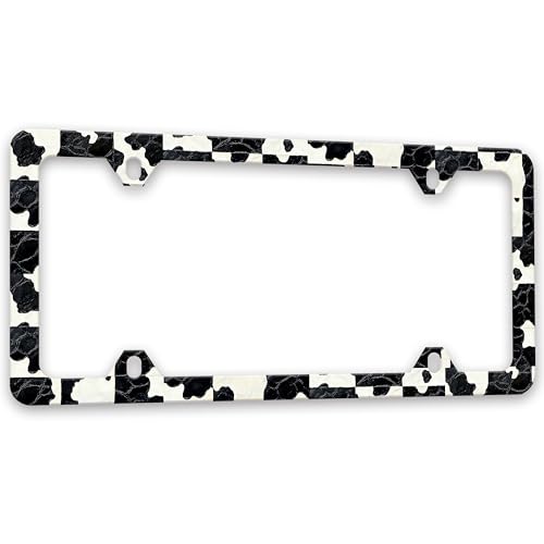 Black and White Cow Print License Plate Frame Spots Texture License Plate Holders Funny Auto Accessory Bracket Stainless Steel License Plate Frames with Screws for Women Men 6x12 Inch 4 Holes - color: Black And White Cow Print