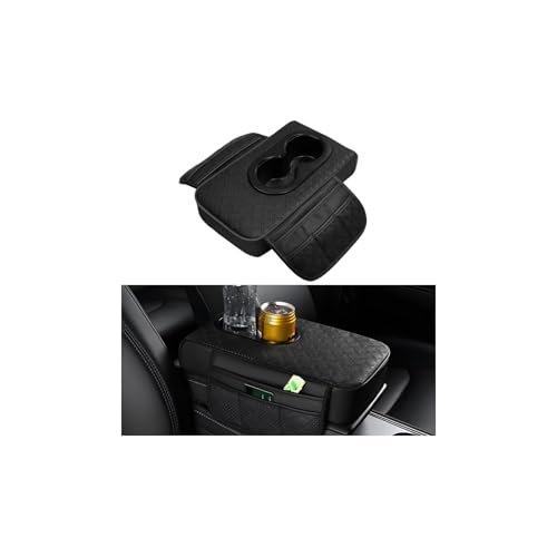 BESULEN Car Center Console Cover, Leather Thick Vehicle Armrest Protector Cushion with Cup Holder & 2 Storage Bags, Automotive Interior Arm Rest Seat Box Pad Accessories, Universal Fit (Black) - color: Black