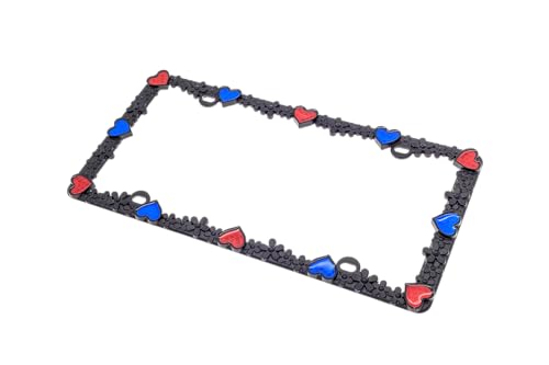 Creathome 3D Daisy Heart License Plate Frame from Pure Zinc Alloy Metal Perfect Plate Holder, Matt Black Daisy with Red and Blue Reflective Heart - color: Matt Black with Blue and Red Reflective Heart