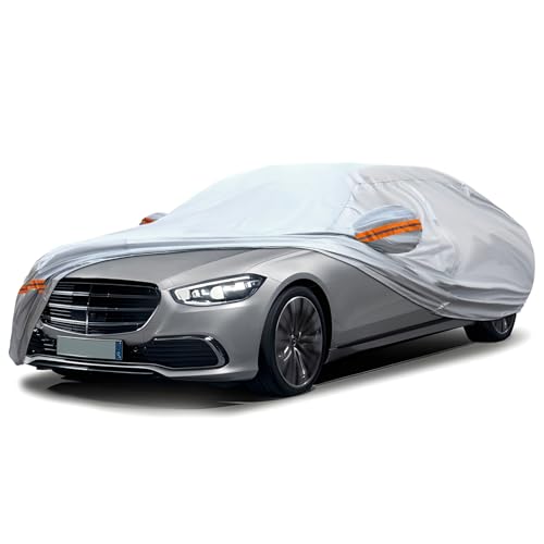 KEYOOG 6-Layer Full Car Cover is All-Weather Waterproof, Fit for 205"-216" Length Sedan, Universal in All Seasons, Snow Prevention, Rainproof, Acid Rainproof, Sunscreen, Orange Reflective Strip - color: Orange reflective strip, size: 5/ J-XXL For Sedan-Le