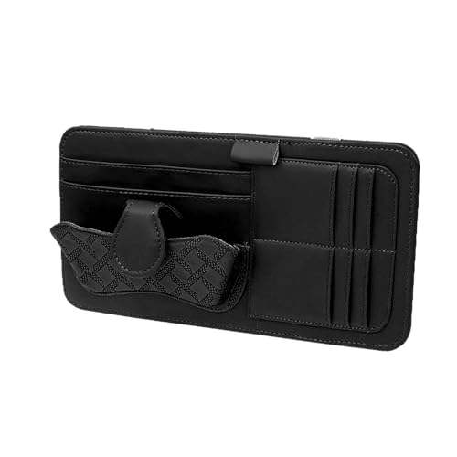 Car Sun Visor Organizer, Leather Multi-Pocket Auto Visor Storage Pouch for Sunglasses Cards License, Waterproof Car Interior Space-Saving Accessories, Universal for Most Cars (Black) - color: Black