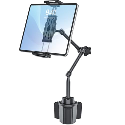 Car Tablet Holder for Cup Holder, Metal Long Arm 360° Rotation Tablet Mount for Truck Golf Treadmill, Fit Thickness Case (Deep Max 1.18'') for iPad Pro/Air/Mini, Galaxy Tab & 6.1-15.6" Devices