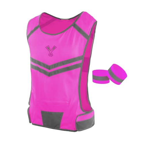 Reflective Running Vest with Pocket & 2 Bands with High visibility for Night Running, Walking & Cycling - color: Pink, size: Medium