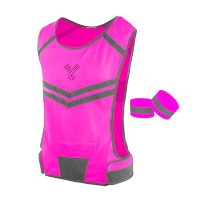Reflective Running Vest with Pocket & 2 Bands with High visibility for Night Running, Walking & Cycling - color: Pink, size: Large