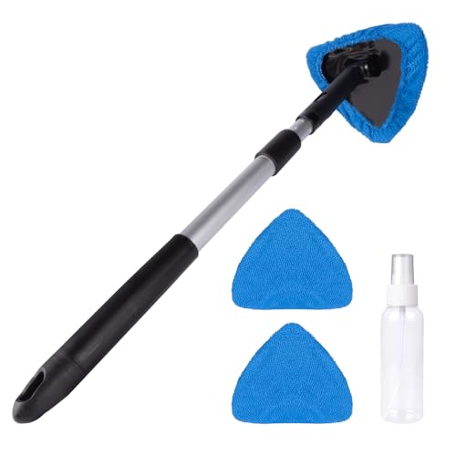 BITOPE All-in-One Car Windshield Cleaner Kit | Extendable Tool with 3 Reusable Microfiber Pads & Spray Bottle for Interior & Exterior Window Cleaning on Cars, SUVs, Trucks - color: Dark Blue