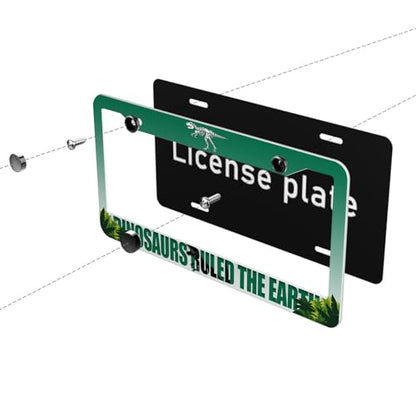 Dinosaur License Plate Frame Green Jurassic Dino Jungle T-Rex Personalise Stainless Steel Funny Design Compatible with Standard License Plate Holder for USA and Canada 6.3 x 12.2 in - color: Dinosaur, size: 6.3 X 12.2 In-1PC