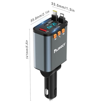 Bluetooth 5.3 Car Adapter, FM Transmitter Bluetooth Car Charger, 4 in 1 Retractable Car Charger, Phone USB C PD Fast Charging Adapter for RV SUV Truck, Fit iPhone 17/16/15/14 (Type C & Lightning)