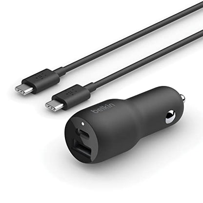 Belkin 37W Dual Port Fast Car Charger with 3.3ft USB-C Cable Included, USB-C 25W PPS Port and USB-A 12W Port for Galaxy S23, S23+, Ultra, Note20, iPhone 14, 13, 12, 11, Pro, Max, Mini and More - style: Dual USB-A & C 37W + USB-C Cable