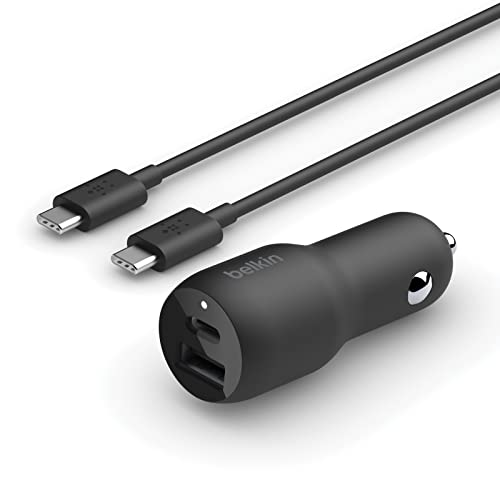 Belkin 37W Dual Port Fast Car Charger with 3.3ft USB-C Cable Included, USB-C 25W PPS Port and USB-A 12W Port for Galaxy S23, S23+, Ultra, Note20, iPhone 14, 13, 12, 11, Pro, Max, Mini and More - style: Dual USB-A & C 37W + USB-C Cable