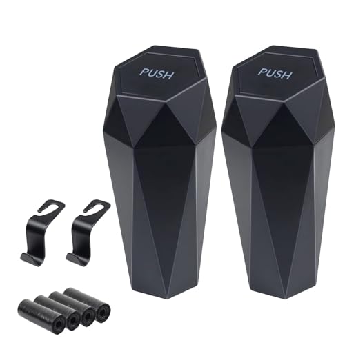 BFXM Car Trash Can, 2 Pack Car Trash Bin with Lid, Car Accessories for Women Interior, Car Garbage Can with Additional 2 ABS Hooks and 60pcs Trash Bags, Suitable for Home, Office, Car Organizer, Black - color: BLACK 2PCS