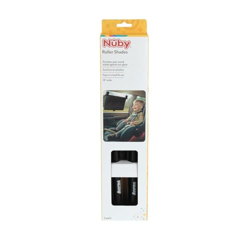 Nuby 14" Roller Vehicle Side Window Sun Protection Shade for Baby | 2 Pack | Pull Down with Suction Cups and Press Button Roll Up | Black - style: Roll Down