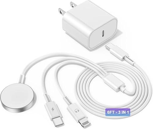 Upgraded USB C Charger for Apple Watch, 3 in 1 Phone and iWatch Magnetic Fast Charging Cable 6FT with USB-C Wall Charger, Compatible with Apple Watch Series 10/9/8/7/6/SE/5/4, for iPhone 16/15/14/13 - color: white, size: 6FT 3 in 1 (Watch+L+C)