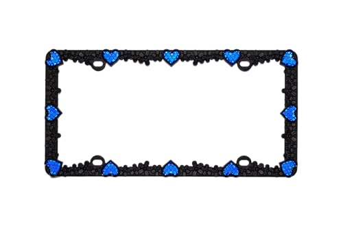 Creathome 3D Daisy Heart License Plate Frame from Pure Zinc Alloy Metal Perfect Plate Holder, Matt Black Daisy with Blue Reflective Heart - color: Matt Black with Blue Reflective Heart