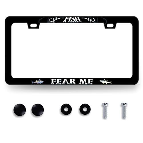 Fish License Plate Frame Fish Fear Me License Plate Holder for Personalized Car Decorative Stainless Steel Funny Text License Plate Fishing Auto Part Women Men with Screws 12.2" x 6.2" - color: Funny Fish Fear Me