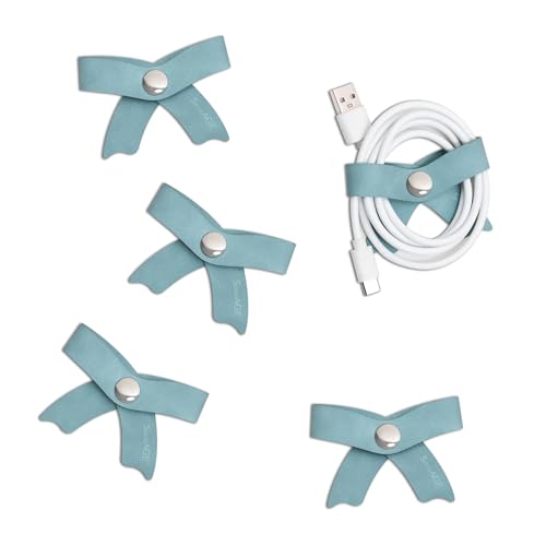 SenseAGE 5 Pack Cord Organizer, Bow Cord Keeper, Cable Organizer USB Holder, Leather Cable Management, Cable Straps, Earphone Winder, Storage Straps for Electronics, Earbuds (Baby Blue, Big) - color: Baby Blue, size: Big