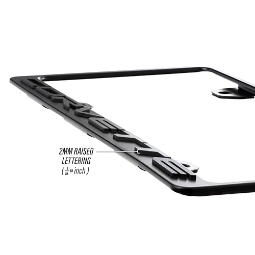 Corvette License Frame – Stealth Black Powder Coat UV Resistant Rust-Proof Steel Plate Holder - One Piece - Compatible with Chevrolet Corvette Chevy C5 C6 C7 C8 (3D RAISED LETTERS w/ MOUNT HARDWARE)