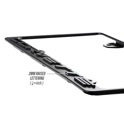 Corvette License Frame – Stealth Black Powder Coat UV Resistant Rust-Proof Steel Plate Holder - One Piece - Compatible with Chevrolet Corvette Chevy C5 C6 C7 C8 (3D RAISED LETTERS w/ MOUNT HARDWARE)