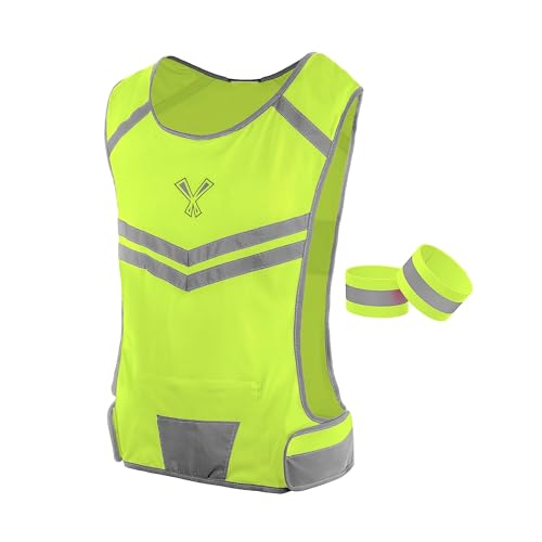 Reflective Running Vest with Pocket & 2 Bands with High visibility for Night Running, Walking & Cycling - color: Yellow, size: Large