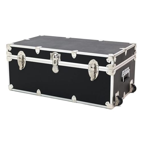 Rhino Trunk & Case Large Essential Trunk With Wheels 32”x18”x14”, 1000+ lbs Capacity - Many Colors. Strong, USA Made Summer Camp Footlocker, and Secure College Dorm Storage Chest - color: Black