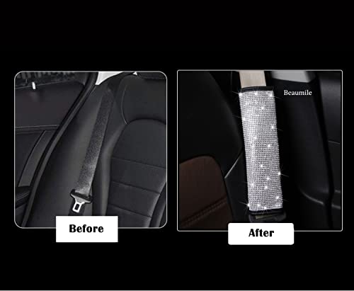 Seat Belt Pads 2-Pack Bling Seat Belt Covers Soft PU Leather Crystal Seat Belt Shoulder Pads Rhinestone Bling Car Accessories For Women (White) - color: White