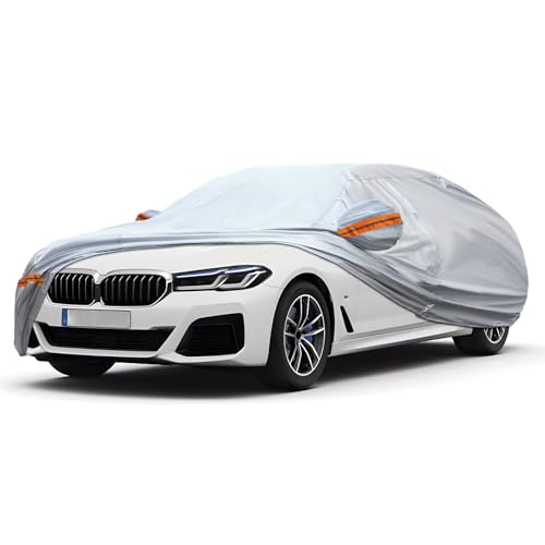 KEYOOG Car Cover, Fit for 188"-198" Length Sedan, 6-Layer All-Weather Waterproof, Universal in All Seasons, Snow Prevention, Rainproof, Acid Rainproof, Sunscreen, Orange Reflective Strip - color: Orange reflective strip, size: 3/ J-L For Sedan-Length ( 18