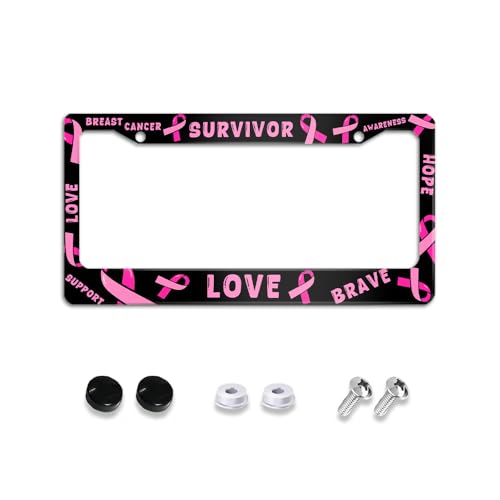 Breast Cancer Survivors Awareness License Plate Frame Car Cover Tag Holder, Pink Ribbon Hope Love Car Accessories Decoration Frame Aluminum With 2 Holes And Screws Decorative Frames 12X6Inch For Women - color: Pink Ribbon Hope Love