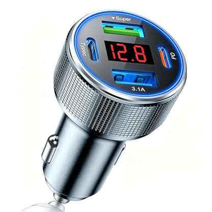 4-Port USB C Car Charger Fast Charging, Car Phone Charger Adapter with 30W PD & QC3.0 Dual USB C & USB A Port Real-Time LED Voltmeter 12V/24V Cigarette Lighter Adapter for iPhone Galaxy & Android - color: Grey