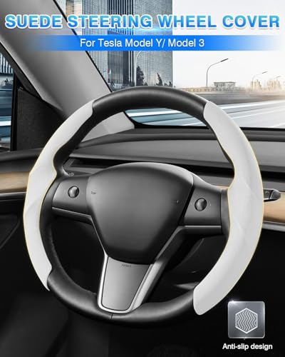 Shademax Custom-Fit for Tesla Steering Wheel Cover, Tesla Model Y / 3 2017-2025 (Fit Model Y Juniper 2026/ Model 3 Highland) Suede Steering Wheel Cover Non-Slip Tesla Model Y/3 Accessories (White) - color: White