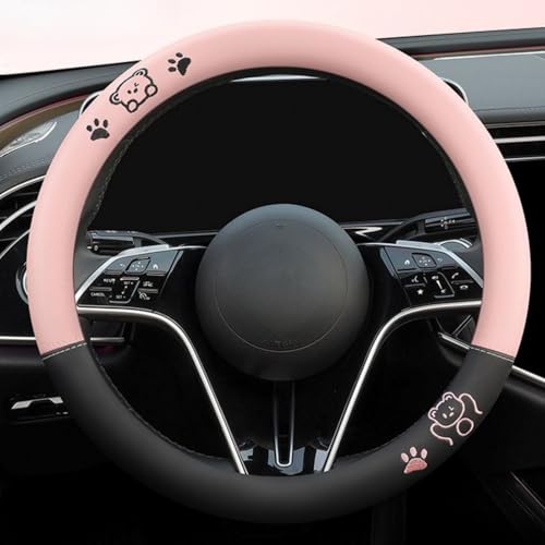 15 Inches Universal Round Leather Car Steering Wheel Cover, Cute Bear Soft Breathable Non-Slip Steering Wheel Protector Wrap (Pink-Black) - color: Pink-Black