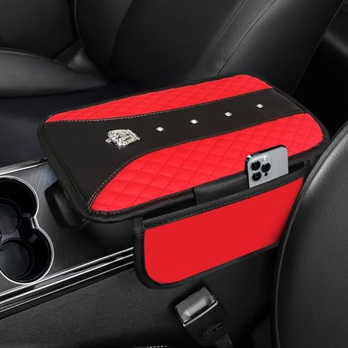 NBTEPEM Bling Crown Car Center Console Armrest Cover, Leather Middle Console Cover Cushion with 2 Storage Bags, Car Armrest Storage Box Interior Accessories for Most Vehicles(Red) - color: Red