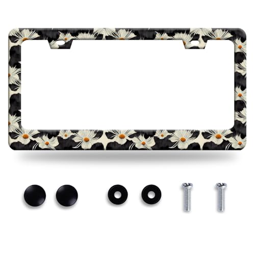 Daisy License Plate Frame Funny Black and White Flowers License Plate Frames Stainless Steel Accessories Cars Decor with 2 Holes and Screws Fits Standard Us Ca Vehicles Size 12.2 X 6 Inch - color: Black White Daisy Flowers