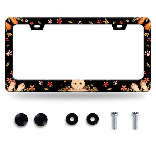 Cute Cats License Plate Frame Colorful Floral Flowers License Plate Frames Animal Funny Auto Accessory Stainless Steel Cat License Plate Decoration for Women Men 12 x 6 Inch - color: Cute Cats Floral Flowers