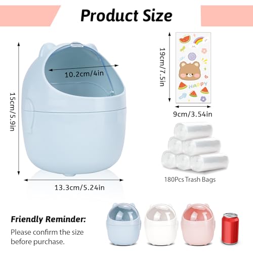 3 Pack Cute Mini Trash Can, Small Desk Trash Can with Lids, Countertop Tiny Garbage Cans with 180 Trash Bags and 3Pcs Stickers, Kawaii Plastic Waste Bin for Bathrooms Kitchen Office - color: Style 2, 3Pcs
