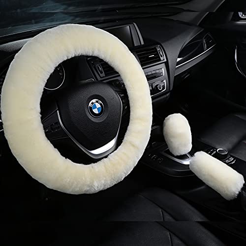 3Pcs/Set Pure Wool Fur Furry Steering Wheel Cover, Soft Fluffy Handbrake Cover Gear Shift Cover for Women Car SUV Truck Australia Sheepskin Accessories - color: White, size: Shearling Wool