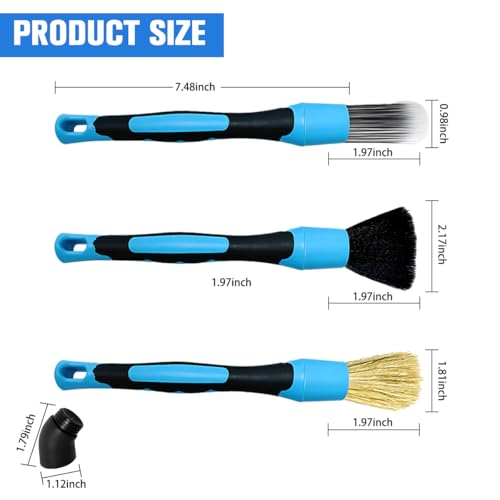 3PCS Car Detailing Brush Set, Ultra Soft Scratch-Free Boar Hair Detailing Brushes with Elbow, Auto Interior Exterior Cleaning Tool for Wheel Air Vent Leather Seat, Universal Fit (Blue) - color: Blue