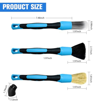 3PCS Car Detailing Brush Set, Ultra Soft Scratch-Free Boar Hair Detailing Brushes with Elbow, Auto Interior Exterior Cleaning Tool for Wheel Air Vent Leather Seat, Universal Fit (Blue) - color: Blue